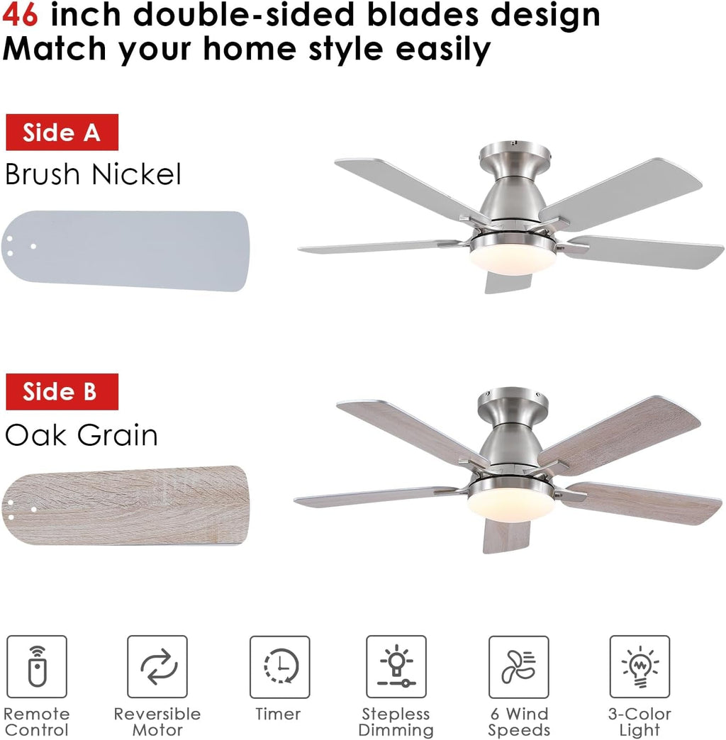 46 Inch Smart Flush Mount Ceiling Fan With Dimmable Lights