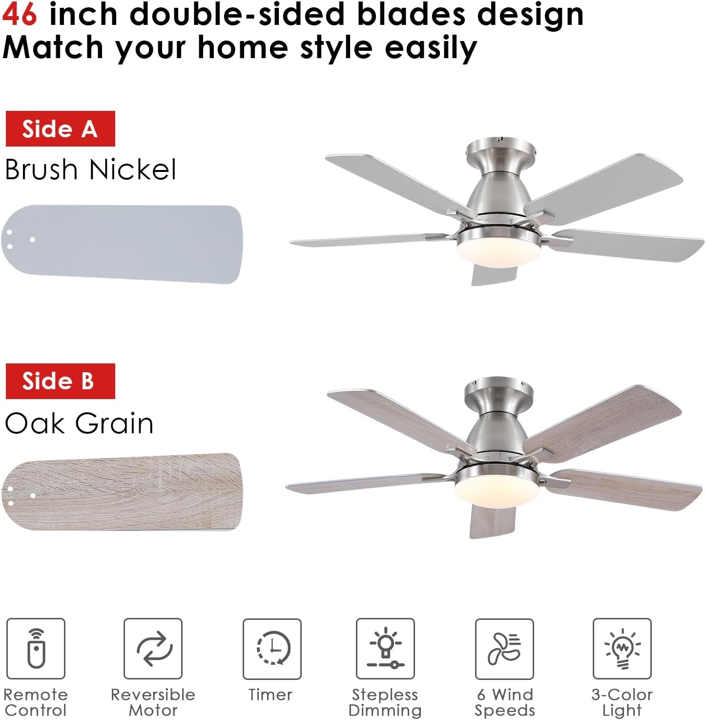 46 Inch Smart Flush Mount Ceiling Fan With Dimmable Lights