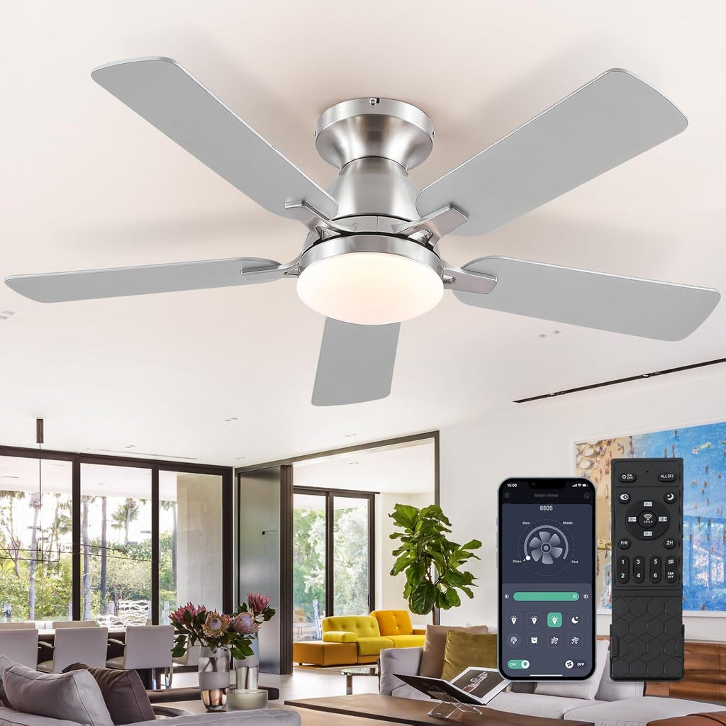 46 Inch Smart Flush Mount Ceiling Fan With Dimmable Lights.