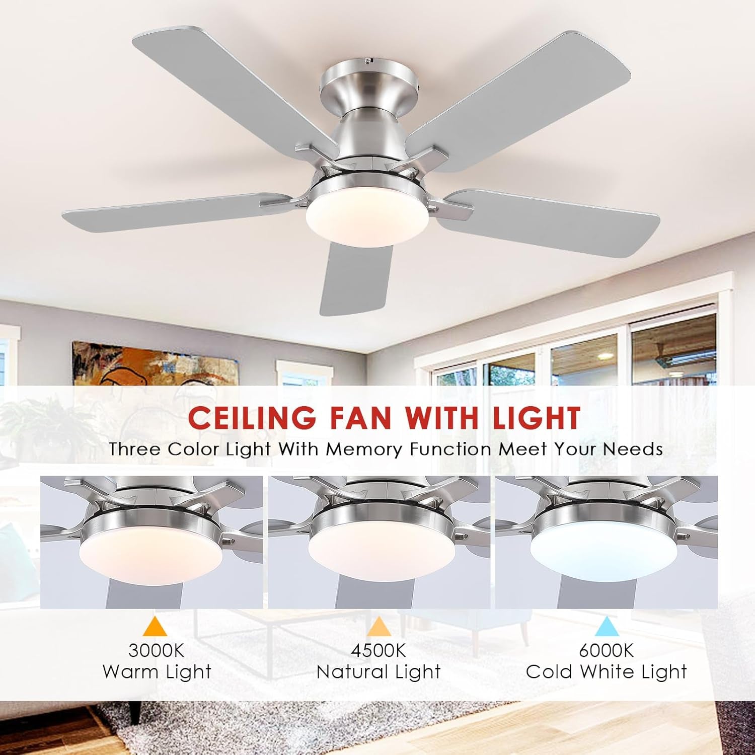 46 Inch Smart Flush Mount Ceiling Fan With Dimmable Lights