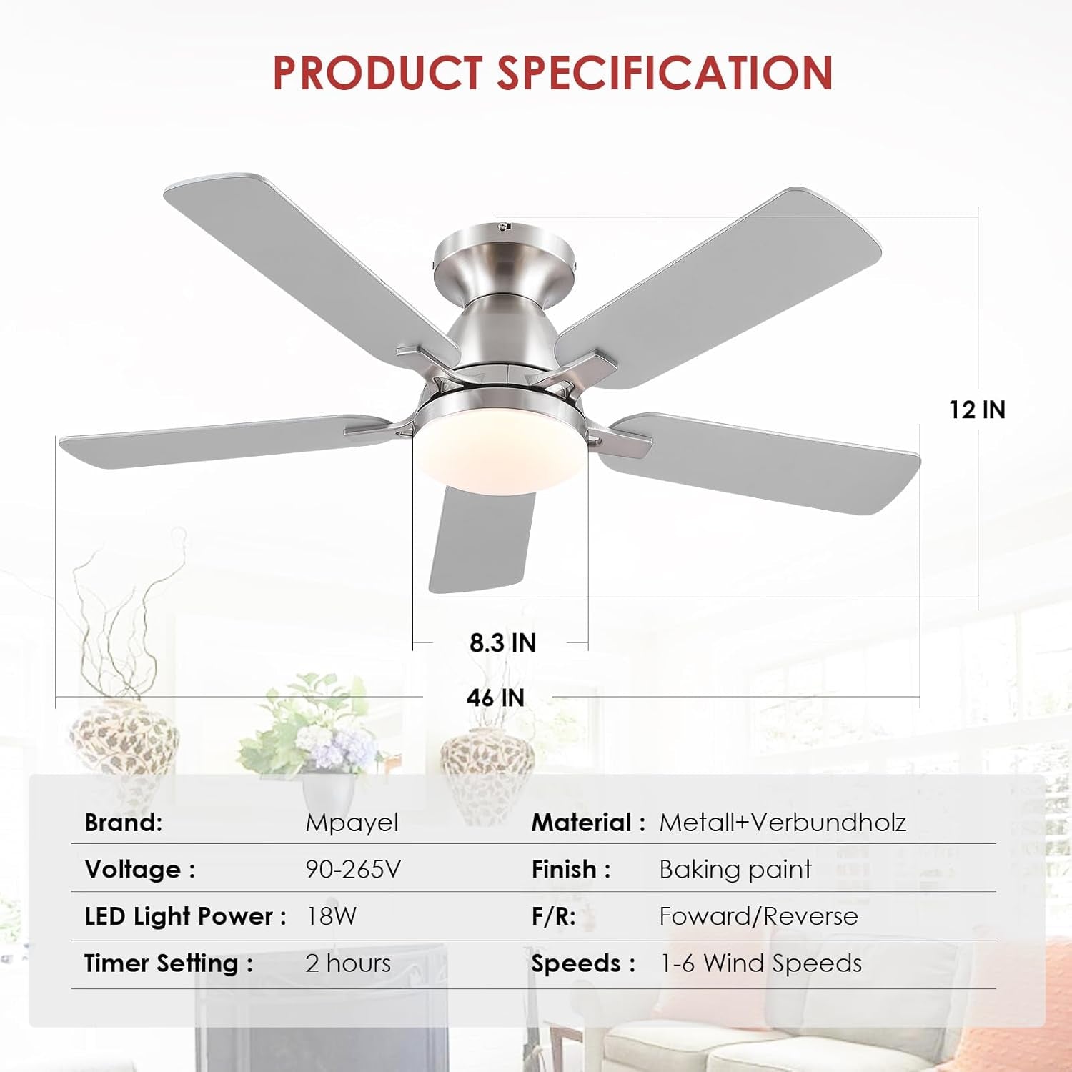 46 Inch Smart Flush Mount Ceiling Fan With Dimmable Lights